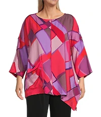 IC Collection Plus Size Woven Abstract Print Boat Neck 3/4 Sleeve Asymmetrical Hem Tunic