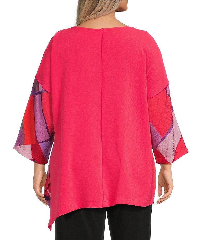 IC Collection Plus Size Woven Abstract Print Boat Neck 3/4 Sleeve Asymmetrical Hem Tunic