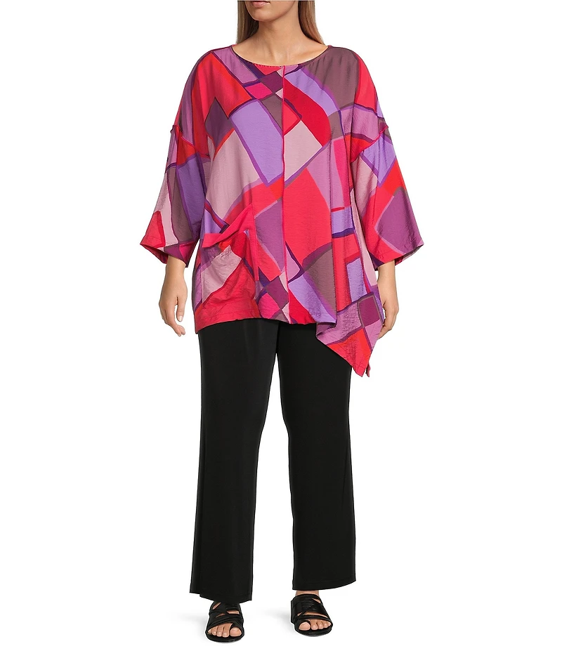 IC Collection Plus Size Woven Abstract Print Boat Neck 3/4 Sleeve Asymmetrical Hem Tunic