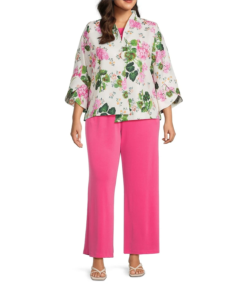 IC Collection Plus Textured Floral Stand Collar Bracelet Sleeve Asymmetrical Jacket