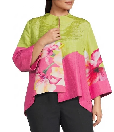 IC Collection Plus Watercolor Floral High Collar Long Sleeve Asymmetrical Jacket