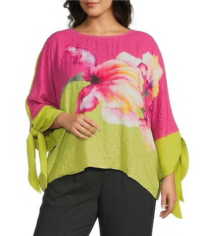 IC Collection Plus Watercolor Floral Scoop Neck Long Tie Sleeve Top