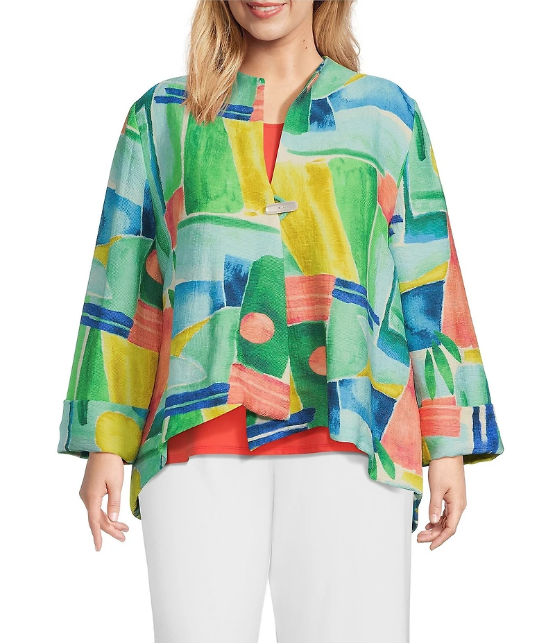 IC Collection Plus Woven Abstract Print Stand Collar Bracelet Sleeve Jacket