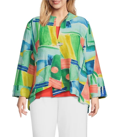 IC Collection Plus Woven Abstract Print Stand Collar Bracelet Sleeve Jacket