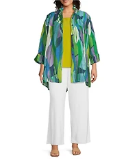 IC Collection Plus Woven Abstract Print Wire Collar Bracelet Sleeve Button Front Jacket