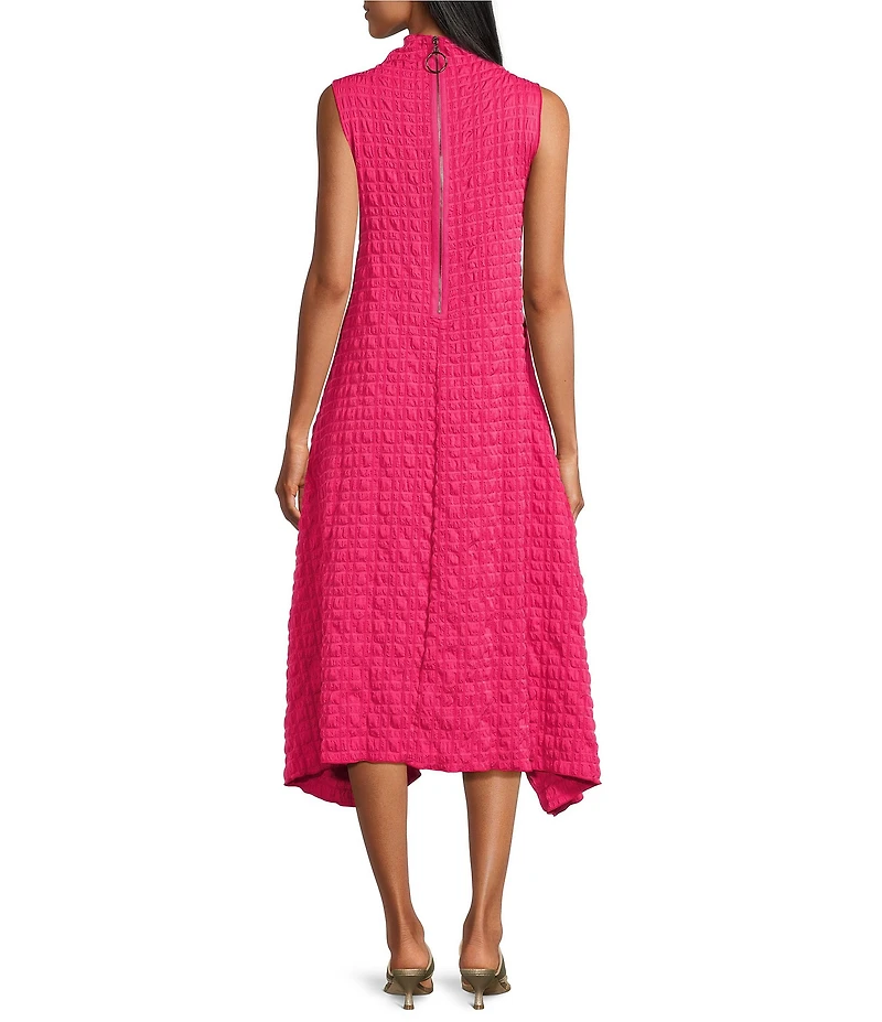 IC Collection Pucker Bubble Check Pattern Mock Neck Sleeveless Drape Side Midi Dress