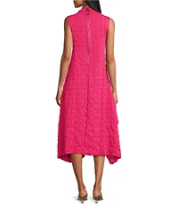 IC Collection Pucker Bubble Check Pattern Mock Neck Sleeveless Drape Side Midi Dress
