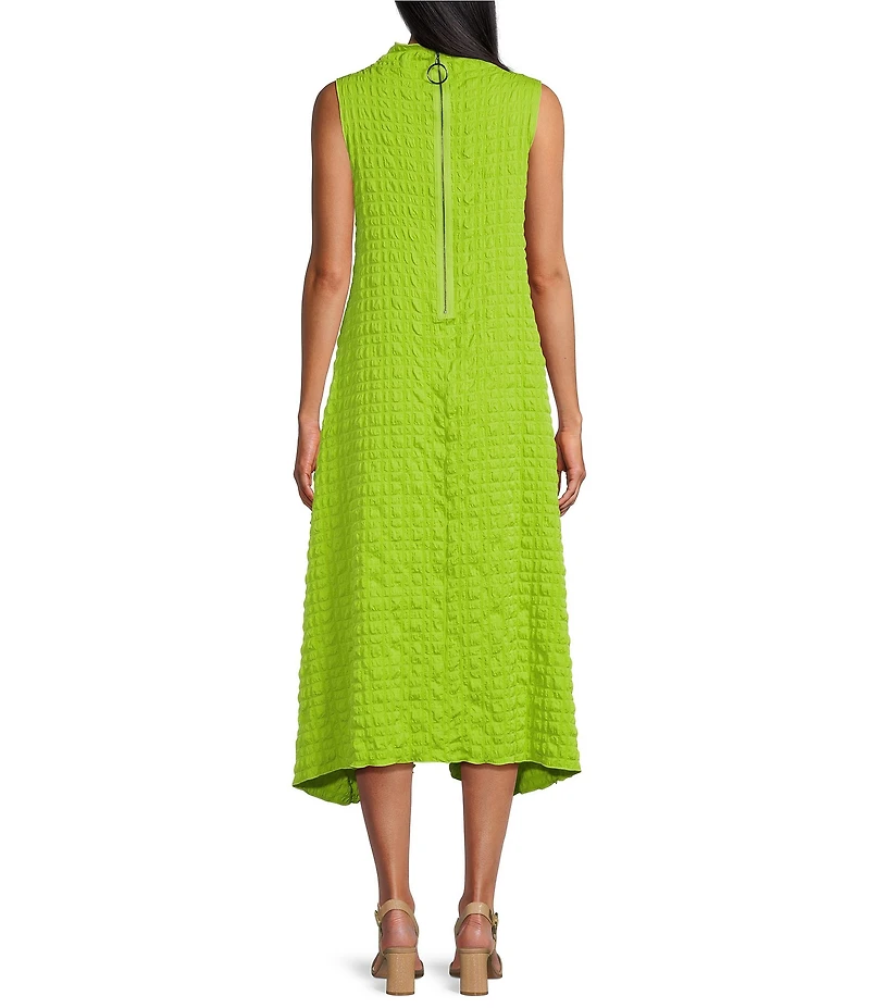 IC Collection Pucker Bubble Check Pattern Mock Neck Sleeveless Drape Side Midi Dress