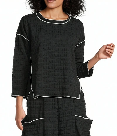 IC Collection Pucker Contrast Merrow Crew Neck 3/4 Sleeve Top