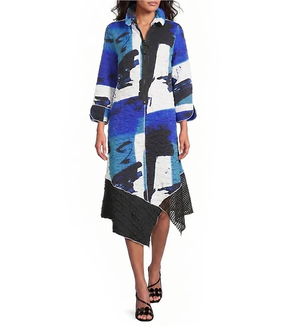 IC Collection Pucker Mesh Abstract Print Stand Wire Collar 3/4 Sleeve Asymetrical Zip Dress