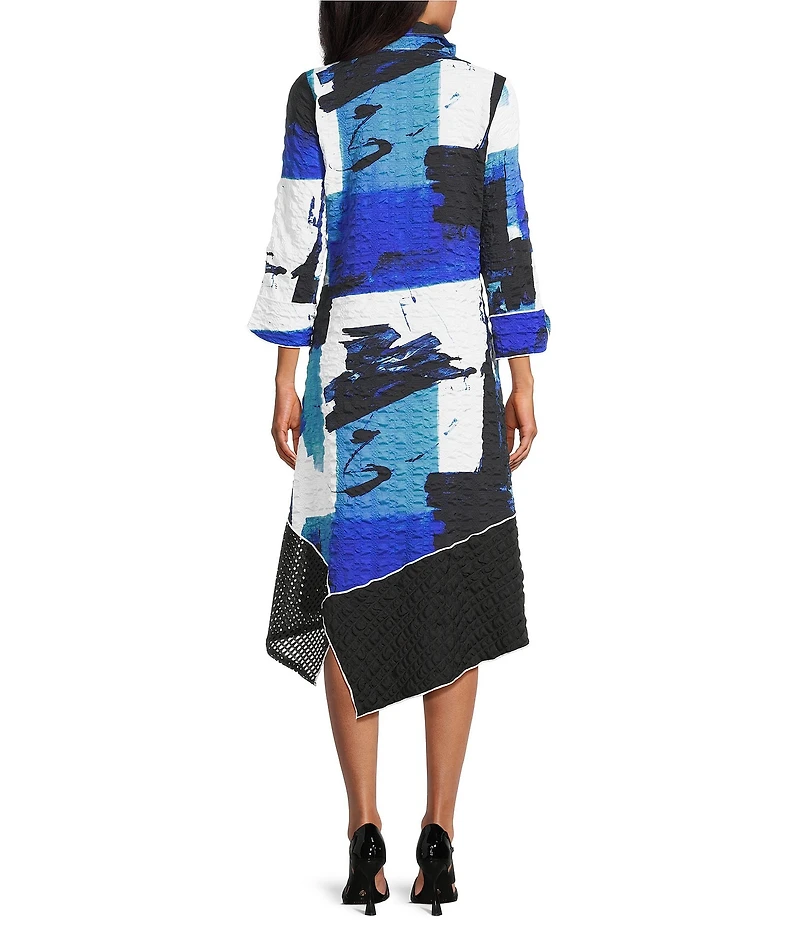 IC Collection Pucker Mesh Abstract Print Stand Wire Collar 3/4 Sleeve Asymetrical Zip Dress