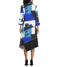 IC Collection Pucker Mesh Abstract Print Stand Wire Collar 3/4 Sleeve Asymetrical Zip Dress