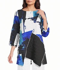 IC Collection Pucker Mesh Abstratc Print Scoop Neck Bracelet Sleeve Tunic