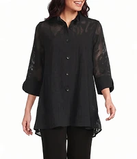 IC Collection Rose Pattern Wire Ruffle Neck 3/4 Sleeve Button-Front Jacket