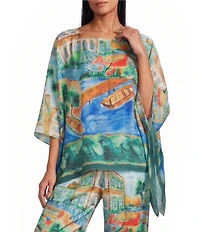 IC Collection Scenic Print Boat Neck 3/4 Sleeve Poncho Top