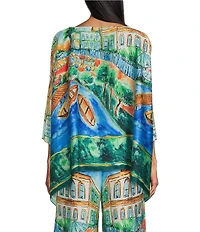 IC Collection Scenic Print Boat Neck 3/4 Sleeve Poncho Top