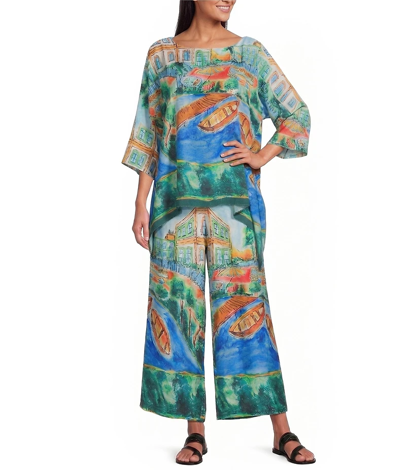 IC Collection Scenic Print Boat Neck 3/4 Sleeve Poncho Top