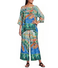 IC Collection Scenic Print Boat Neck 3/4 Sleeve Poncho Top