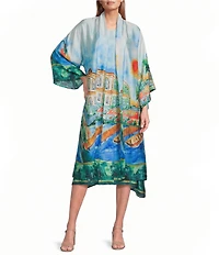 IC Collection Scenic Print Shawl Collar Long Sleeve Open Front Kimono Jacket