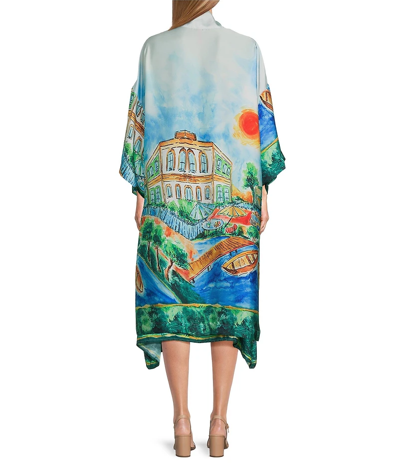 IC Collection Scenic Print Shawl Collar Long Sleeve Open Front Kimono Jacket