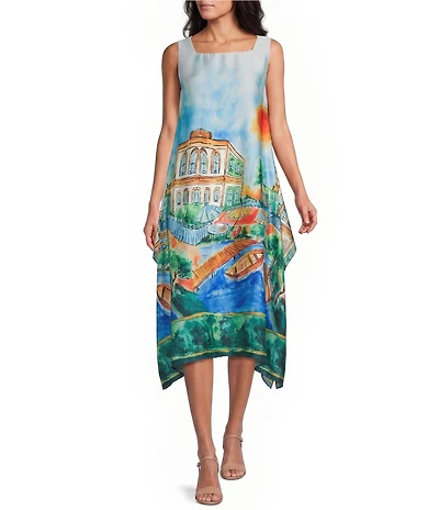 IC Collection Scenic Print Square Neck Sleeveless Dress