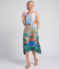 IC Collection Scenic Print Square Neck Sleeveless Dress