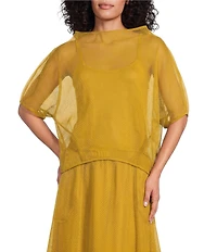 IC Collection Sheer Mesh Knit Cocoon Boat Neck 3/4 Sleeve Boxy Top