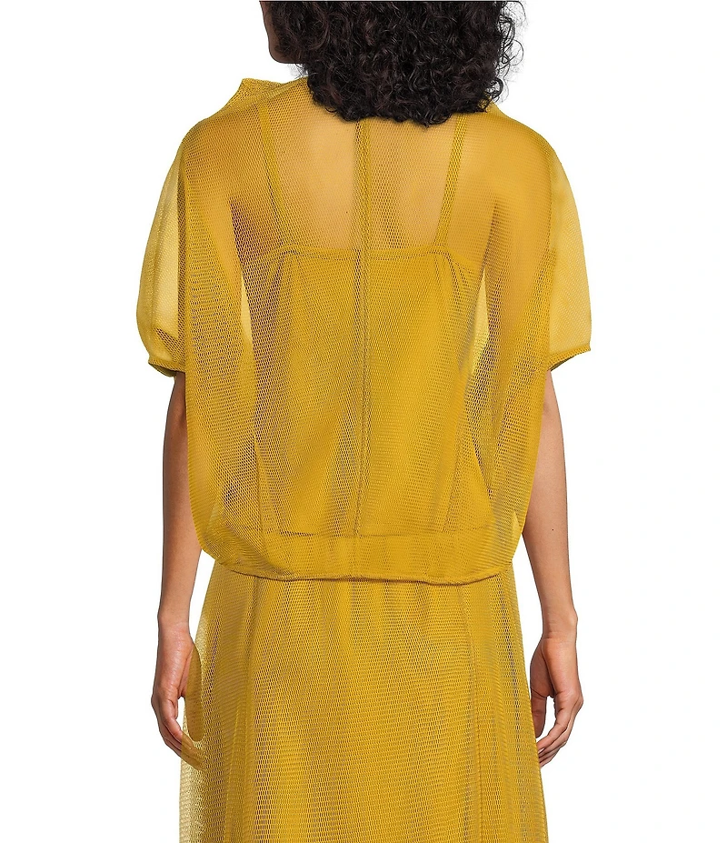 IC Collection Sheer Mesh Knit Cocoon Boat Neck 3/4 Sleeve Boxy Top
