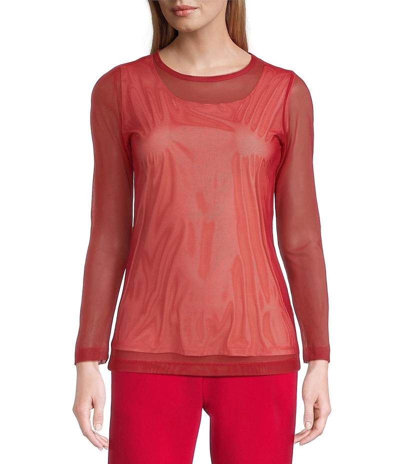 IC Collection Sheer Mesh Crew Neck Long Sleeve Knit Top