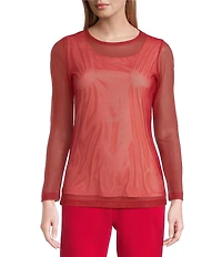 IC Collection Sheer Mesh Crew Neck Long Sleeve Knit Top