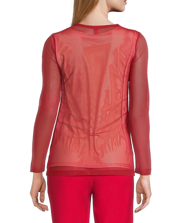 IC Collection Sheer Mesh Crew Neck Long Sleeve Knit Top