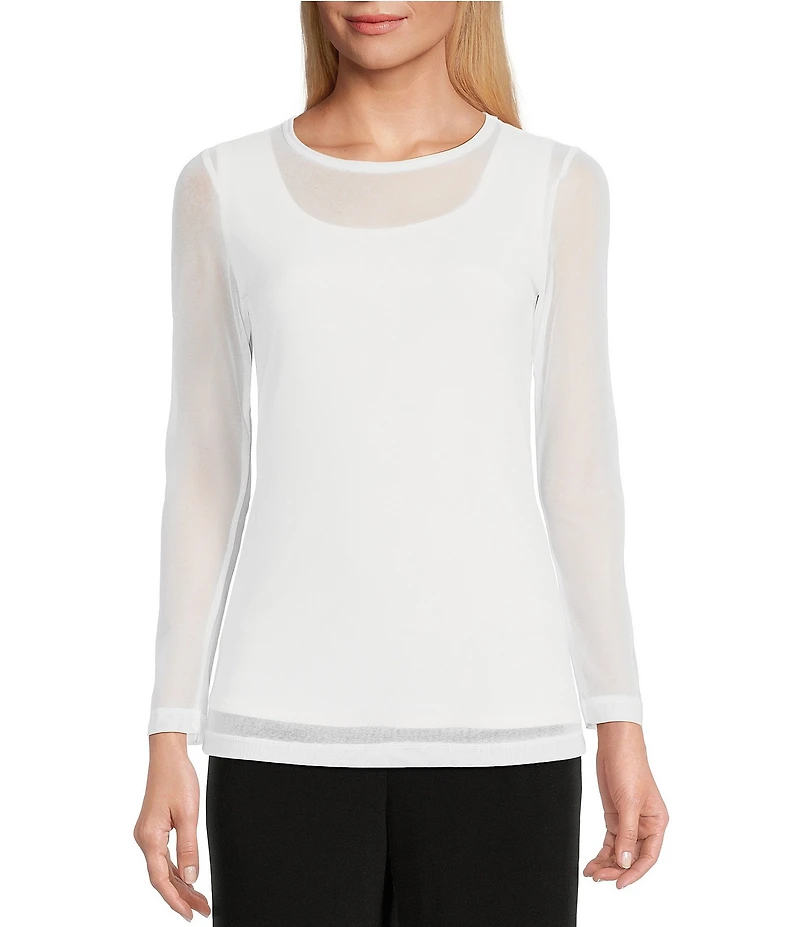 IC Collection Sheer Mesh Crew Neck Long Sleeve Knit Top