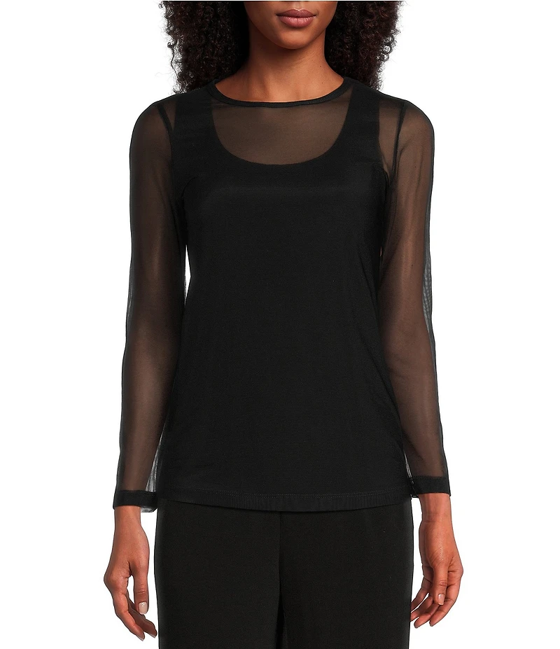 IC Collection Sheer Mesh Crew Neck Long Sleeve Knit Top