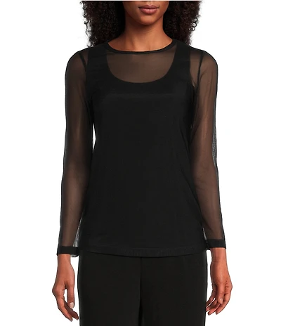 IC Collection Sheer Mesh Crew Neck Long Sleeve Knit Top