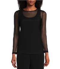 IC Collection Sheer Mesh Crew Neck Long Sleeve Knit Top