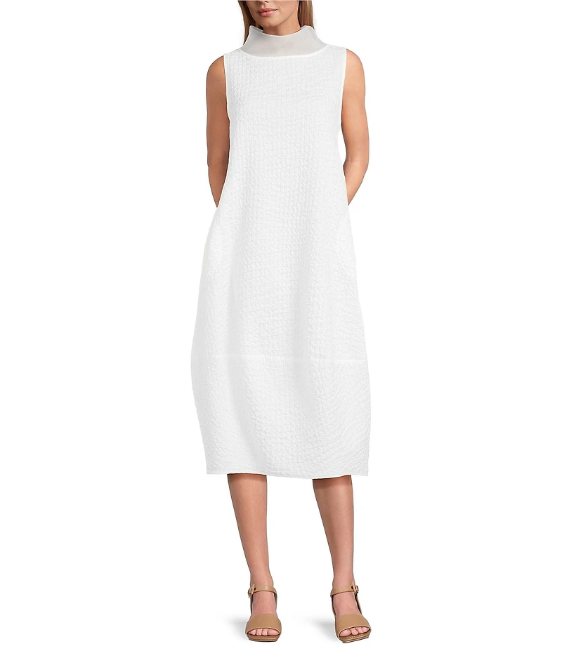 IC Collection Sleeveless Sheer Organza Funnel Neck Balloon Waistless Midi Dress