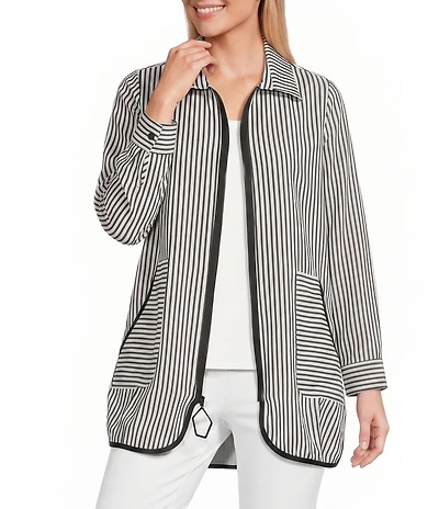 IC Collection Stripe Poplin Point Collar Long Sleeve Zip Front Jacket