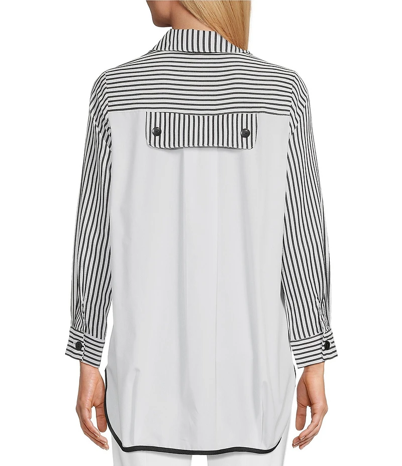 IC Collection Stripe Poplin Point Collar Long Sleeve Zip Front Jacket
