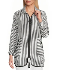 IC Collection Stripe Poplin Point Collar Long Sleeve Zip Front Jacket