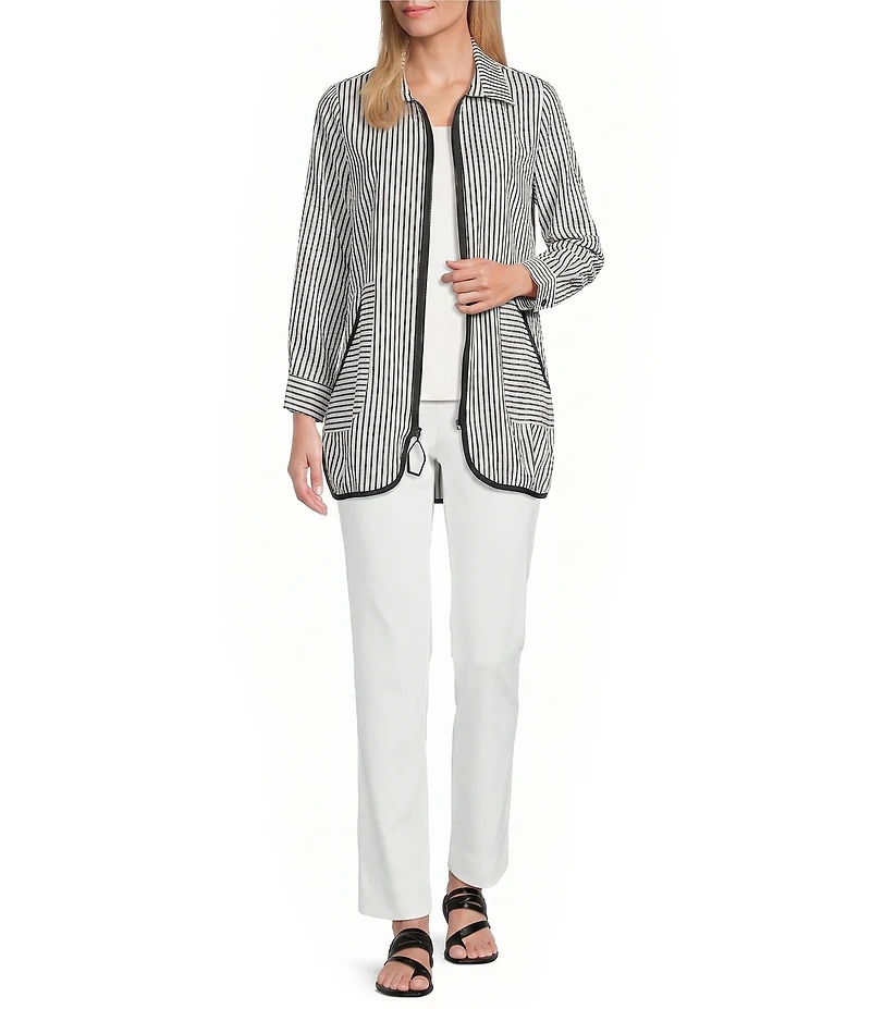 IC Collection Stripe Poplin Point Collar Long Sleeve Zip Front Jacket