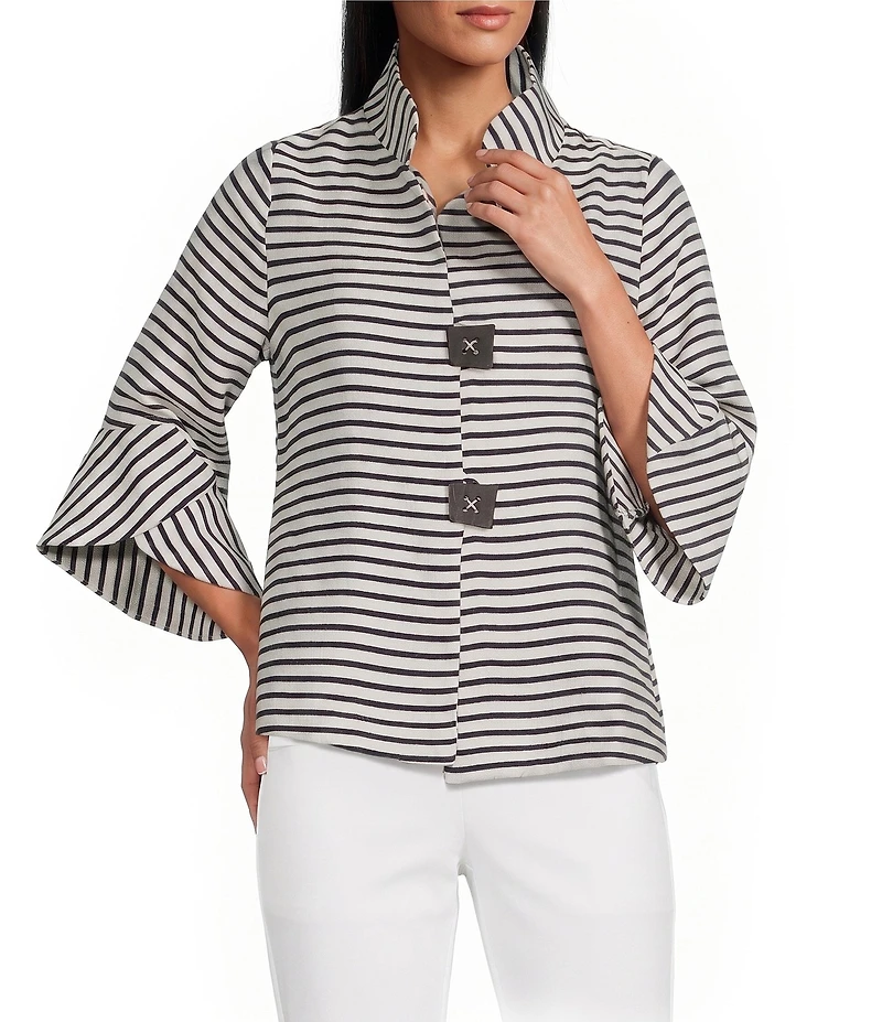 IC Collection Stripe Print Mandarin Collar Long Tulip Sleeve Jacket