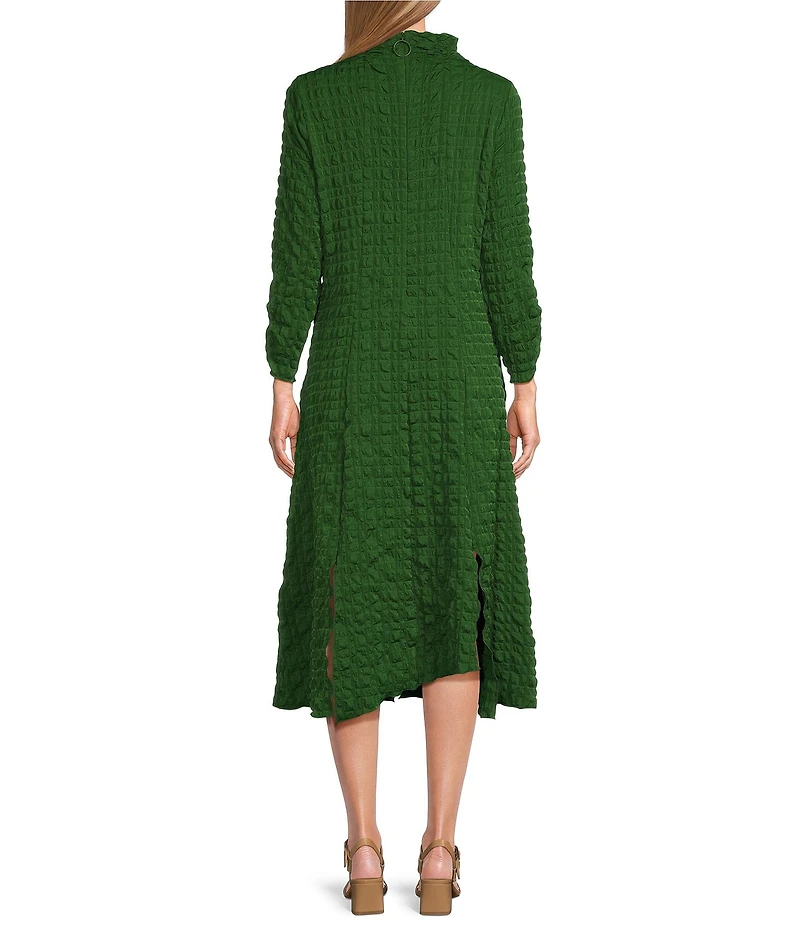 IC Collection Textured Bubble Check Pucker Woven Mock Neck 3/4 Sleeve Asymmetrical Hem Midi A-Line Dress
