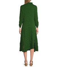 IC Collection Textured Bubble Check Pucker Woven Mock Neck 3/4 Sleeve Asymmetrical Hem Midi A-Line Dress