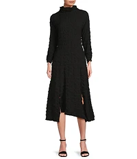 IC Collection Textured Bubble Check Pucker Woven Mock Neck 3/4 Sleeve Asymmetrical Hem Midi A-Line Dress