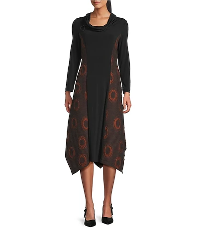 IC Collection Textured Knit Jacquard Cowl Neck Long Sleeve Asymmetrical Dress