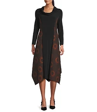 IC Collection Textured Knit Jacquard Cowl Neck Long Sleeve Asymmetrical Dress