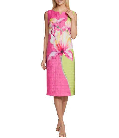 IC Collection Textured Watercolor Flower Print Boat Neck Sleeveless Midi Shift Dress