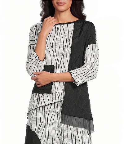 IC Collection Textured Woven Colorblock Wave Stripe Boat Neck 3/4 Sleeve Coordinating Tunic