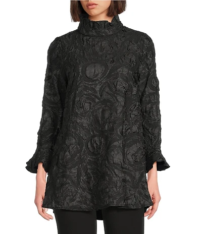 IC Collection Textured Woven Ruffle Mock Neck Long Sleeve Tunic