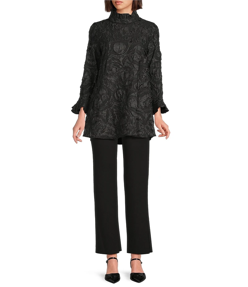 IC Collection Textured Woven Ruffle Mock Neck Long Sleeve Tunic